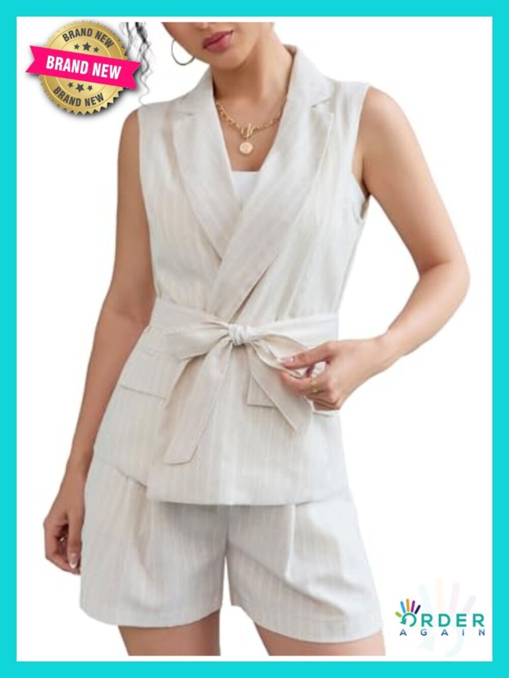 Striped Linen 2 Piece Outfit Belted Vest and High Waisted Shorts Set for Work